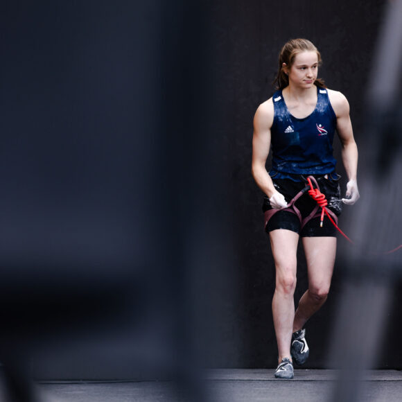 Erin McNeice walking out to lead climbing qualification at the Olympic Qualifying Series in Budapest